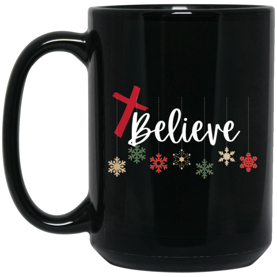 Believe Multi Color SnowFlakes 15oz Black Mug